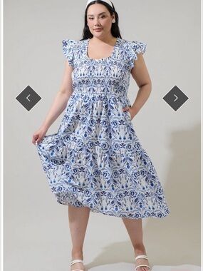 SUGARLIPS Marisol Floral Giza Glare Smock Tiered Midi Dress Blue White Large